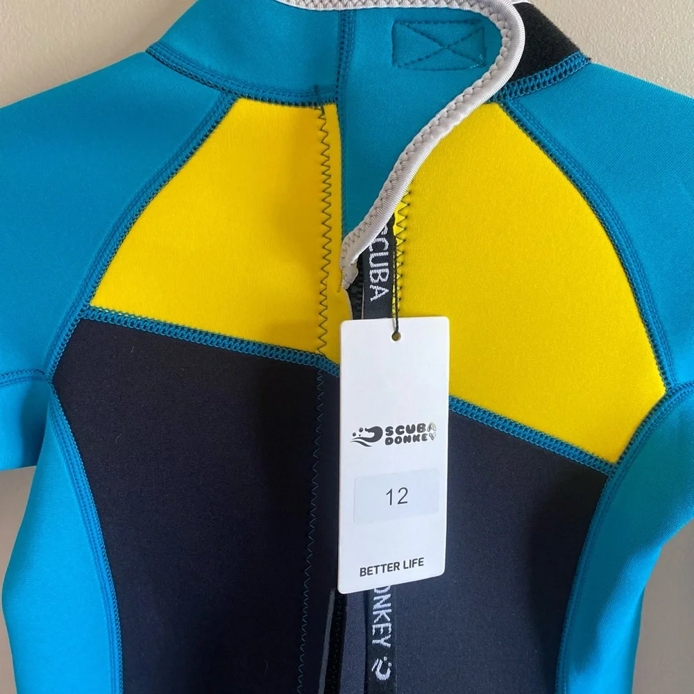 SCUBA DONKEY Kids Youth Size 12 Wetsuit Neoprene Black/Yellow‎ /Aqua NEW NWT